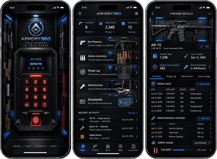 Three iPhone screens from Armory360: the vault lock screen with a red safe keypad, the home dashboard with firearm, ammo and range-day counts, and an AR-15's detail page with round counts and maintenance history.